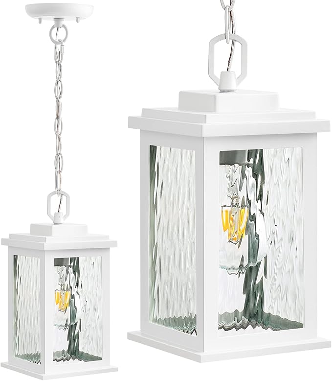 VIANIS White Outdoor Pendant Light, Farmhouse Hanging Light Fixtures Ceiling Mount Porch Lights, Anti-Rust Aluminum Frame with Temperate Ripple Glass, Hanging Lights for Outside Patio for Gazebo