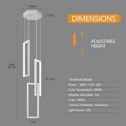 Modern Kitchen Pendant Light Fixture White 40W LED Pendant Light 3 Rings Rectangle Chandelier Pendant Lighting for Kitchen Island Living Room Dining Room Bedroom
