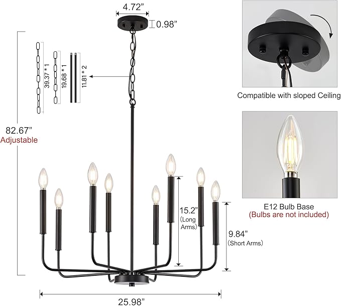 Modern Black Chandelier for Dining Room,Metal 8-Light Kitchen Light Fixtures, Farmhouse Candle Hanging Pendant Light for Living Room Entryway Foyer Bedroom (Bulbs Not Included)