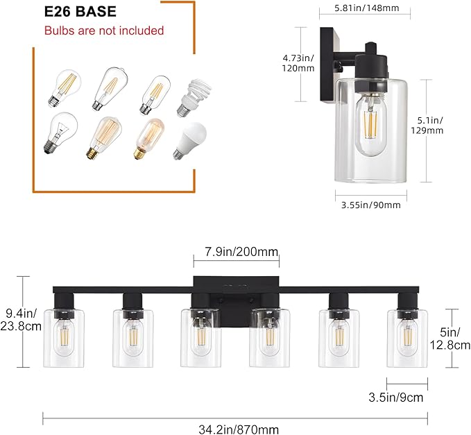 6 Light Bathroom Vanity Light, Matte Black Vanity Light Fixtures, Large Vanity Lights for Bathroom, Farmhouse Light Fixtures with Clear Glass Shade for Bathroom Over Mirror
