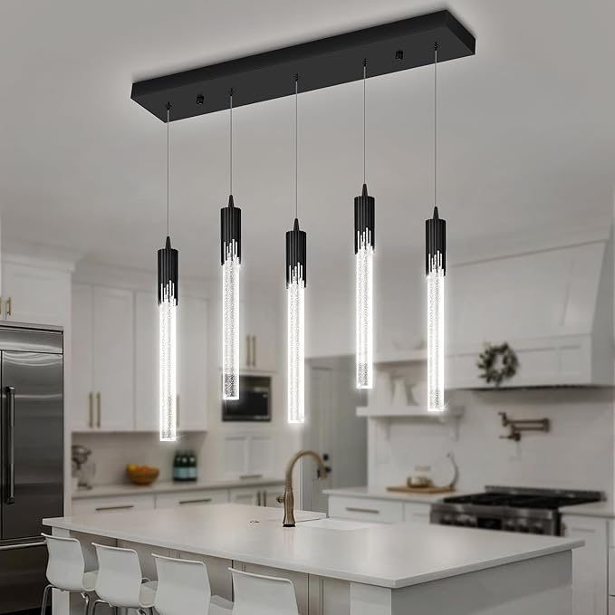 Flashing God 5-Lights Rectangular Pendant Lights for Kitchen Island Black Linear Crystal Chandelier Modern Chandeliers for Kitchen Island Dining Room