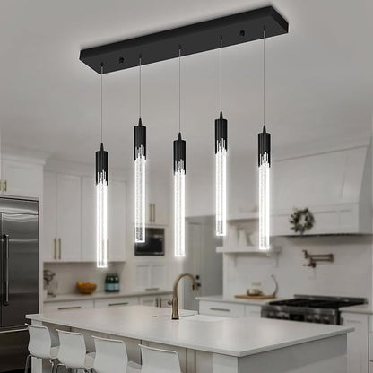 Flashing God 5-Lights Rectangular Pendant Lights for Kitchen Island Black Linear Crystal Chandelier Modern Chandeliers for Kitchen Island Dining Room