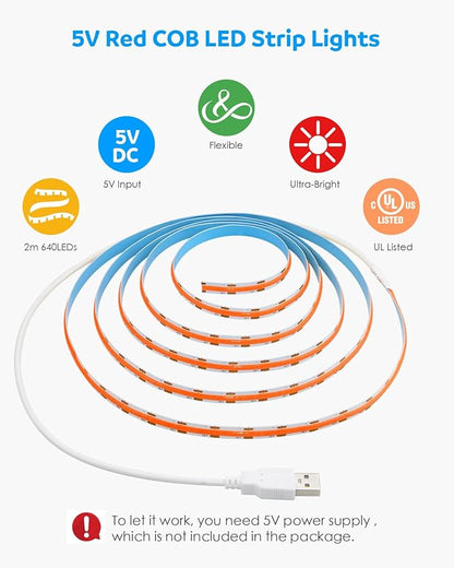 Aclorol COB LED Strip Light 5V USB 6.56FT/2M 640 LEDs Red LED Light Strip for Bedroom Flexible and Cuttble COB Tape Lights for Cabinet Display Home DIY Lighting Decoration CRI85+