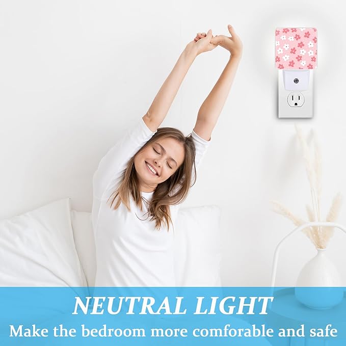 White Pink Flower Night Light, Plug-into Wall Boho Flower Floral Nightlight Lamp with Dusk to Dawn Sensor, Led Lamp 0.5W Energy Efficient for Boys Girls Adults Home Decor