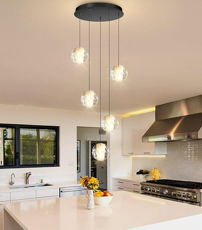 HAIXIANG 5 Lights Globe Chandelier Modern Crystal Glam Light LED Warm Light Pendant Lights for Dining Room Kitchen Island Black Lighting Fixture