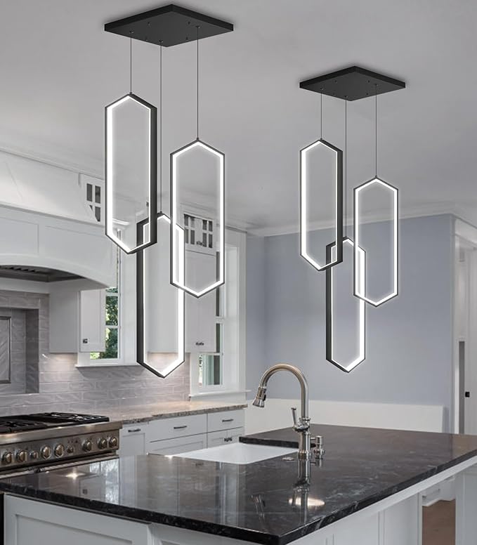 3-Rings Dimmable Pendant Lighting Adjust LED Chandelier Ceiling Light Fixtures for Kitchen Island Dining Room Living Room Bedroom Black