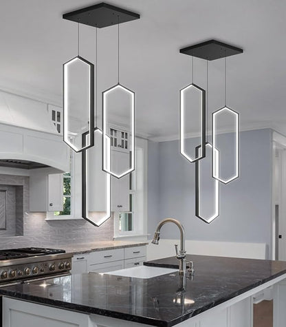 3-Rings Dimmable Pendant Lighting Adjust LED Chandelier Ceiling Light Fixtures for Kitchen Island Dining Room Living Room Bedroom Black