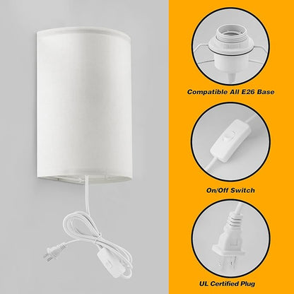 Plug in Wall Sconce, 3 Color, Set of Two, Industrial Wall Lamp with Plug in Cord, Rustic Fixture, On/Off Switch Vintage Wall Light Fixture for Headboard Bedroom Porch (White)