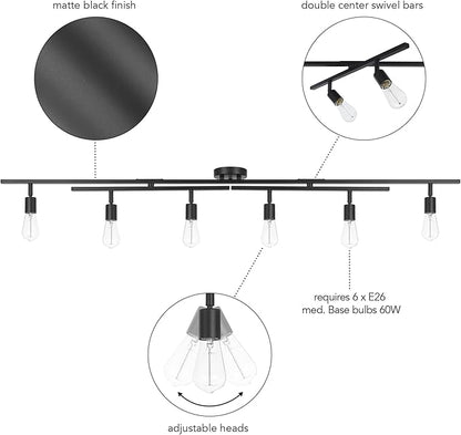 Globe Electric 64000125 64" 6-Light Double Center Swivel Track Lighting, Matte Black, Adjustable Pivoting Heads, Center Canopy, Modern Ceiling Light for Kitchen Island, Hallway, or Dining Room