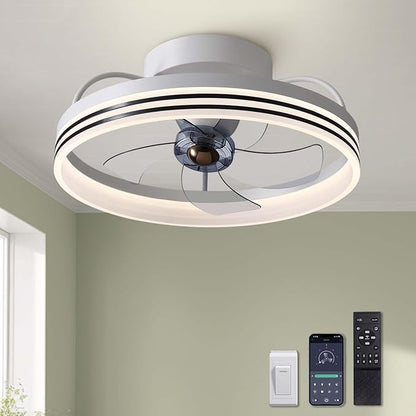 LUDOMIDE Ceiling Fans with Lights, 360° Rotating Ceiling Fan with Lights and Remote, 6 Wind Speeds Smart Flush Mount Ceiling Fan for Bedroom, Dining Room and Kitchen 20"