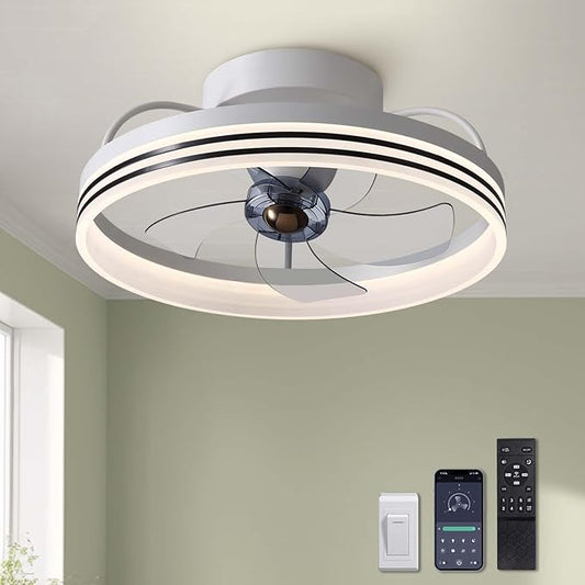 LUDOMIDE Ceiling Fans with Lights, 360° Rotating Ceiling Fan with Lights and Remote, 6 Wind Speeds Smart Flush Mount Ceiling Fan for Bedroom, Dining Room and Kitchen 20"