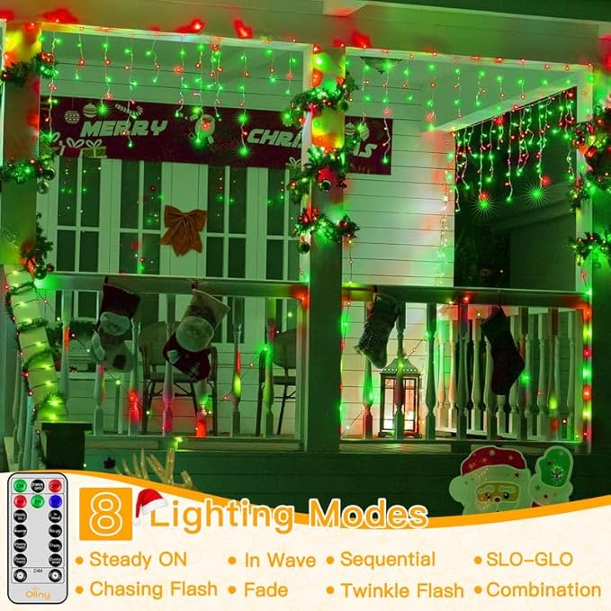 Ollny Icicle Lights for Outside 504LED 41FT, Red and Green Christmas Light with Remote 8Modes Timers Waterproof, Plug in Connectable Hanging Lights for Outdoor Indoor House Roof Holiday