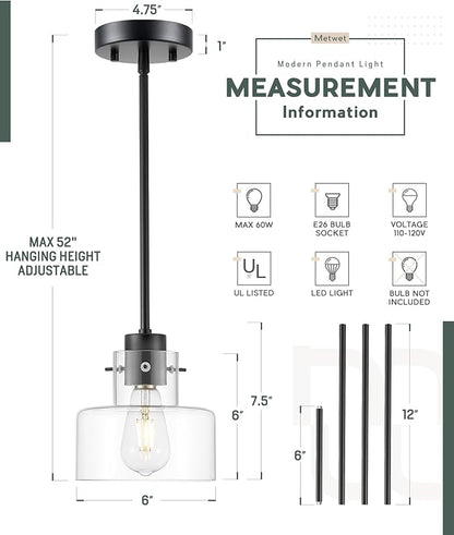 Matte Black Pendant Lights Kitchen Island, 6" Pendant Light Fixtures Over Island with Clear Glass Shade, Modern Kitchen Island Lighting for Dining Room Entryway, PL124-MB-G-1PK