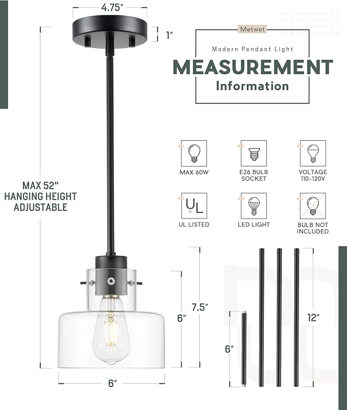 2 Pack Pendant Lights Kitchen Island, 6" Matte Black Pendant Light Fixtures Over Island with Clear Glass Shade, Modern Kitchen Island Lighting for Dining Room Entryway, PL124-MB-G-2PK