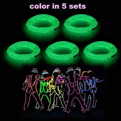 MaxLax EL Wire Green 5-Pack, 9ft/2.75m Neon Light Wire with Noise Reduction and Battery Pack…