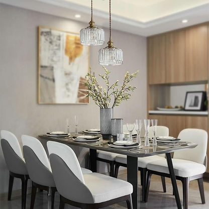 Glass Hanging Lights One-Light Vintage Pendant Light Fixtures Clear Striped Glass Shade Mid Century Modern Pendant Light Gold Brass Light Fixture Adjustable Cord for Dining Room Hallway