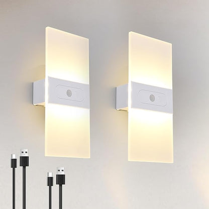 Rechargeable Wall Sconces Set Of Two Battery Operated，Magnetic Motion Sensor night Lights Indoor ,Battery Operated White Shell Warm White LED Dimmable Wall lights for living room,Hallway,Stair