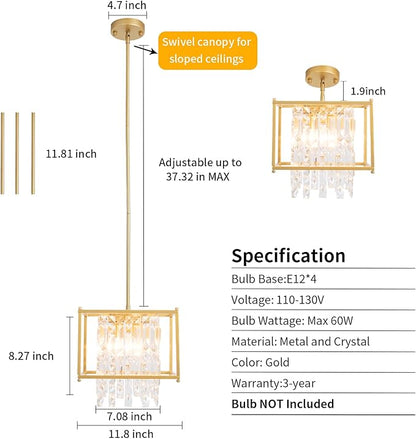 Gold Crystal Chandelier Industrial Pendant Light 11.81 inch Square 4 Lights Modern Vintage Semi Flush Mount Ceiling Light Fixture for Kitchen Island Dining Room Living Room Bedroom