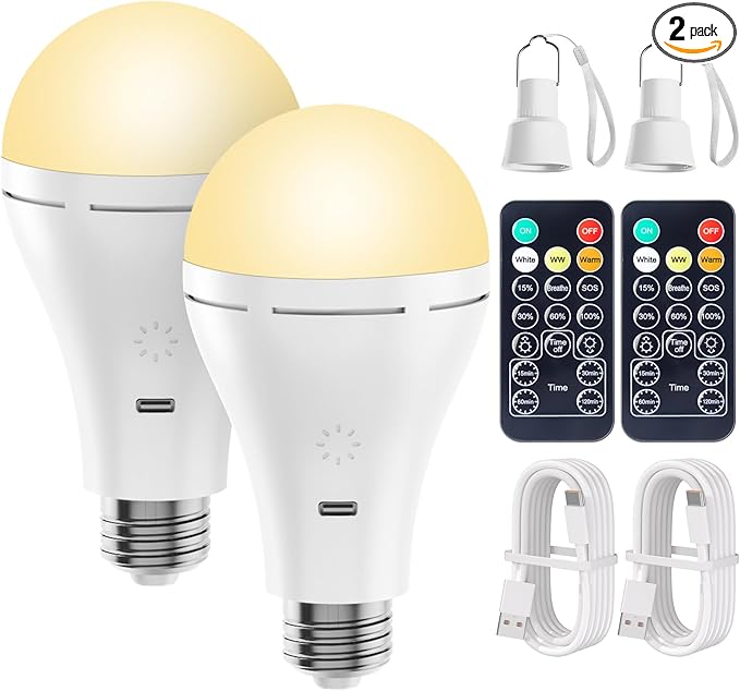 Brightown USB Rechargeable Light Bulb with Remote and Timer, Battery Emergency Light Bulbs for Home Power Outage, Hanging LED Light Bulb with Hook for Outdoor Camping Tent, 700LM, 6000K, 2 Pack