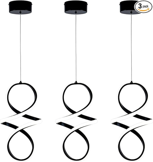 MAYNA Modern Spiral Led Chandelier, 4000K Pendant Light Kitchen Island, 18W Adjustable Height Island Light Fixture for Kitchen Bedroom Kitchen Island Cafe, 3 Pack (Black)