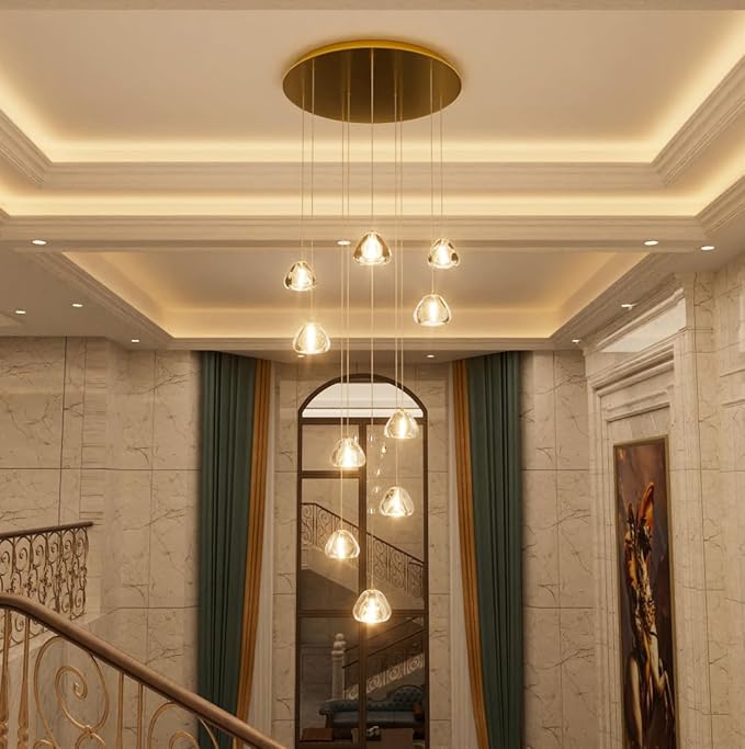HAIXIANG Glam Chandelier with LED Dimmable Bulbs Bubble Crystal Balls Glam Chandeliers High Ceiling Pendants Light Fixtures Adjustable Long Lights Gold Light
