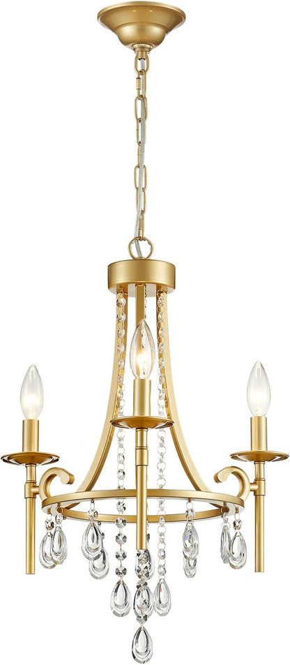 Small Crystal Chandelier, 3-Lights Modern Crystal Chandeliers for Dinning Room, Wagon Wheel Gold Chandelier, Farmhouse Hanging Pendant Light Fixture for Bedroom Hallway Entryway Bar Kitchen Bathroom