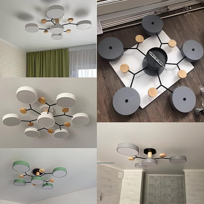 Dimmable LED Flush Mount Ceiling Light Fixture with 3000K-6000K Light Color Adjustable,40W 30Inch Chandelier Modern Wooden Ceiling Lamp for Bedroom Kitchen,5-Lights Indoor Lighting White Pendant Light