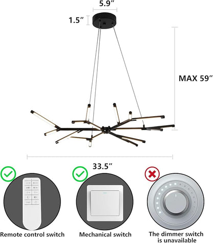Modern LED Linear Chandelier,Black Mid Century Modern Pendant Light,Adjustable Height Branch Style Chandelier for Dining Room,Kitchen Island,Living Room,Staircase,Easy to Install