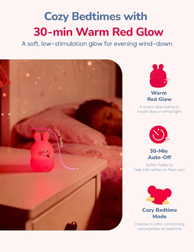Mini Slumber Pal Bunny Night Light for Kids, 8 Color Changing with Warm Red Glow & Timer, Cute Silicone Squishy Night Light, Portable Rechargeable Night Light for Baby Car Seat, Bedroom & Travel