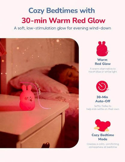 Mini Slumber Pal Bunny Night Light for Kids, 8 Color Changing with Warm Red Glow & Timer, Cute Silicone Squishy Night Light, Portable Rechargeable Night Light for Baby Car Seat, Bedroom & Travel