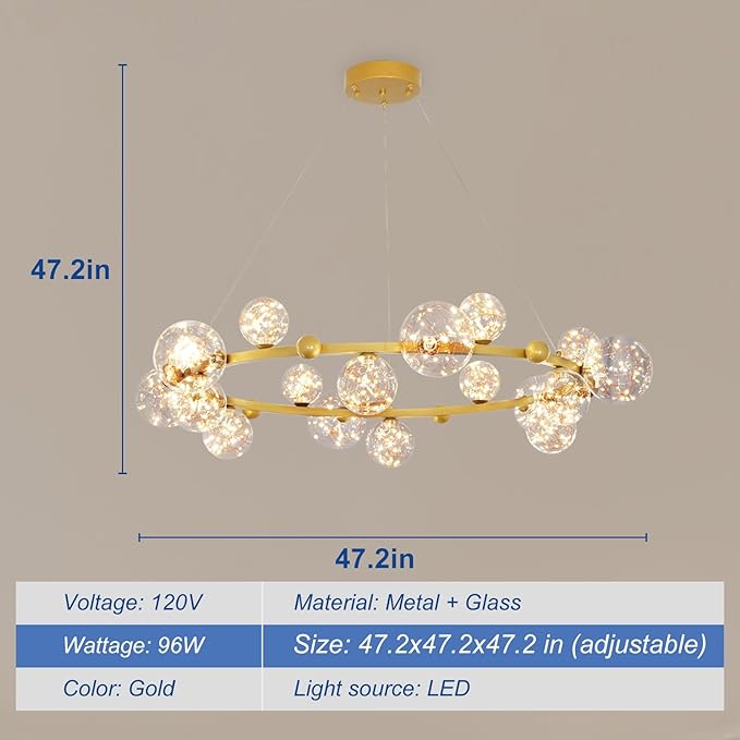 Depuley Sputnik Chandelier Light Fixture: 47.24" Modern Gold Bubble Glass Chandeliers for Dining Room - 18-Light Mid Century Globe Pendant Lighting for Kitchen Island Bedroom Foyer Living Room