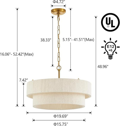 20”Hand Woven Rattan Chandelier Boho Pendant Light Adjustable Coastal Pendant Light for Kitchen Island Dining Living Room, White, UL Listed