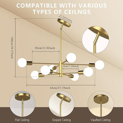 Gold Modern Sputnik Chandelier 8-Lights Mid Century Chandeliers Flush Mount Sputnik Lights Fixture for Dining Room, Living Room,Kitchen Island Height Adjustable (Bulbs Not Included)