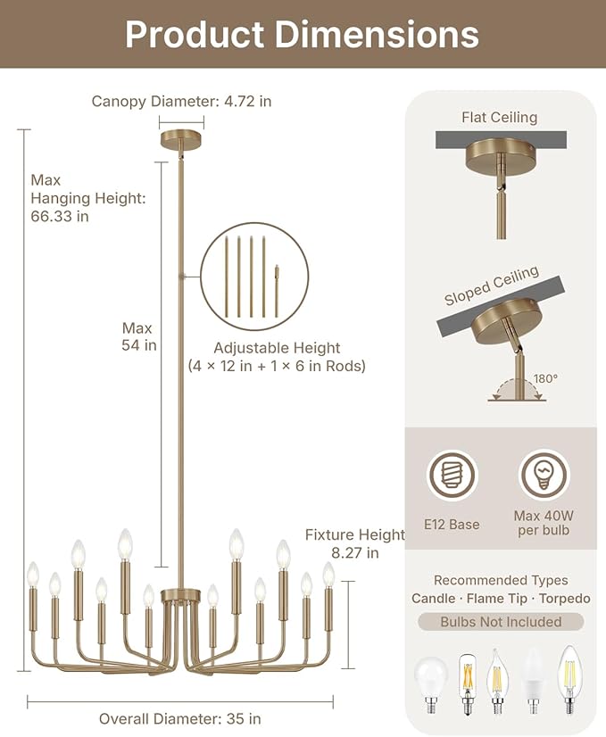 Yunnix 12-Light Champagne Bronze Chandelier, 35" Extra Large Modern Gold Chandelier - Brushed Honey Bronze Hanging Fixture - Champagne Gold Chandelier for Dining Room, Kitchen Island, Hall, Foyer