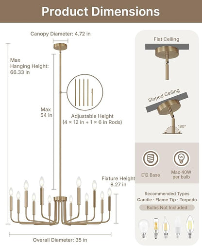 Yunnix 12-Light Champagne Bronze Chandelier, 35" Extra Large Modern Gold Chandelier - Brushed Honey Bronze Hanging Fixture - Champagne Gold Chandelier for Dining Room, Kitchen Island, Hall, Foyer