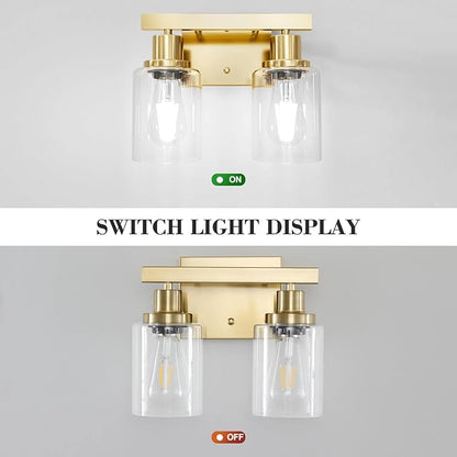 2-Light Brushed Gold Vanity Lights for Bathroom, Brushed Gold Bathroom Light Fixtures, Modern Vanity Lighting Over Mirror with Clear Glass Shade, Farmhouse Bath Wall Lamp for Mirror
