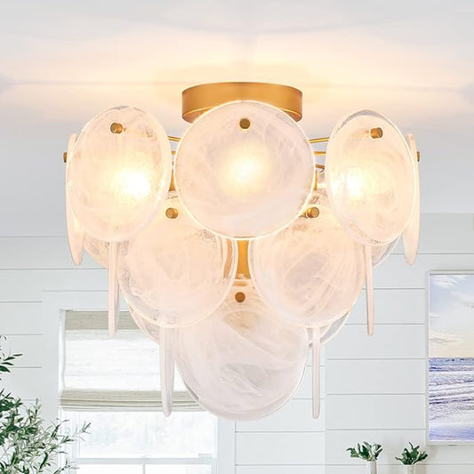 Modern Flush Mount Glass Ceiling Light, Gold Hallway Lights Vintage Chandelier, 4-Light Unique Light Fixture for Bedroom Entryway Loft Kitchen Laundry Bathroom Farmhouse