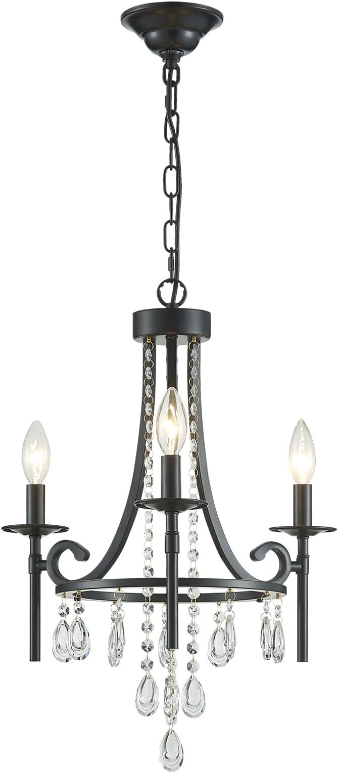 Small Crystal Chandelier, 3-Lights Modern Black Chandeliers for Dinning Room, Wagon Wheel Black Chandelier, Farmhouse Hanging Pendant Light Fixture for Bedroom Hallway Entryway Bar Kitchen Bathroom