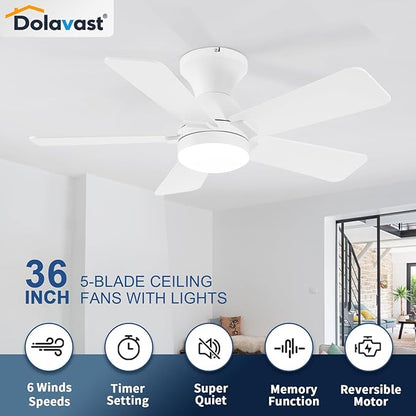 Ceiling Fans with Lights, 36 Inch Low Profile Ceiling Fan with Light and Remote Control, Flush Mount, Reversible, 3CCT, Dimmable LED, Quiet, White Ceiling Fan for Bedroom, Kitchen, Office