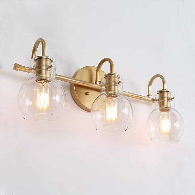 KSANA Gold Bathroom Light Fixtures, 3 Light Modern Vanity Lights Over Mirror with Globe Clear Glass Shades for Bedroom, Kitchen, Powder Room