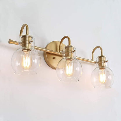 KSANA Gold Bathroom Light Fixtures, 3 Light Modern Vanity Lights Over Mirror with Globe Clear Glass Shades for Bedroom, Kitchen, Powder Room