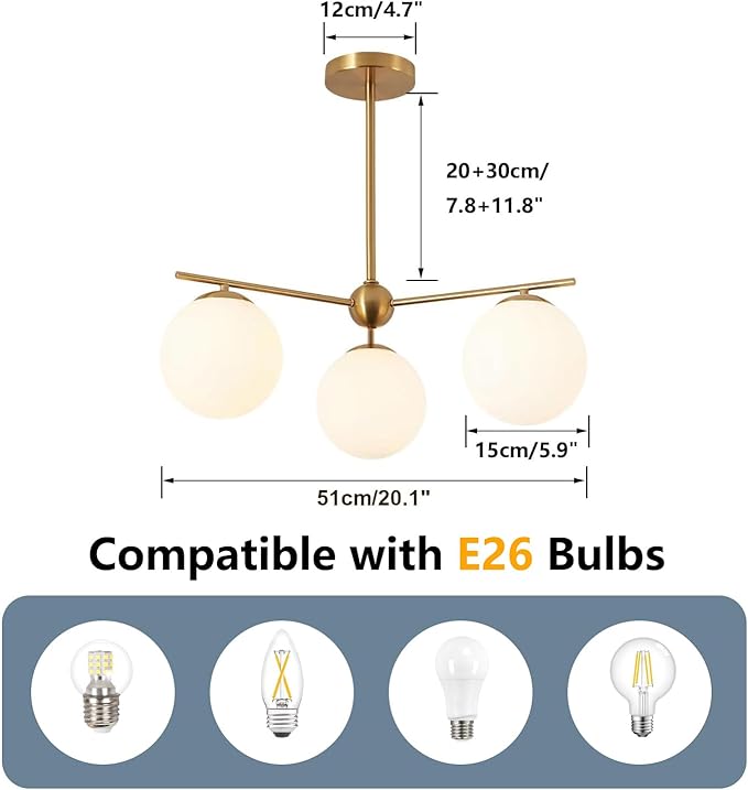 Mid Century Modern Globe Pendant Light 3 Light Gold Globe Sputnik Chandeliers Ceiling Mount Milk White Glass Ball Chandelier Light Fixture Brushed Brass Chandelier Light Fixture