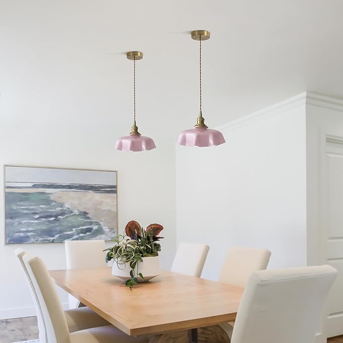 Brass Glass Pendant Lights,Mid Century Pendant Island Light,Vintage Hanging Lights for Dining Room Kitchen Bedroom Outdoor,Color Pink