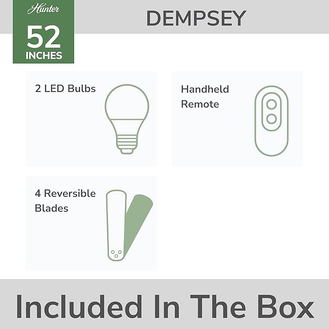 Hunter 52 inch Indoor Ceiling Fan with LED Light and Remote Control - White Modern Ceiling Fan, Low Profile Mount, 4 Blades, For Bedroom, Living Room, or Kitchen, Quiet - Dempsey 59242, Fresh White