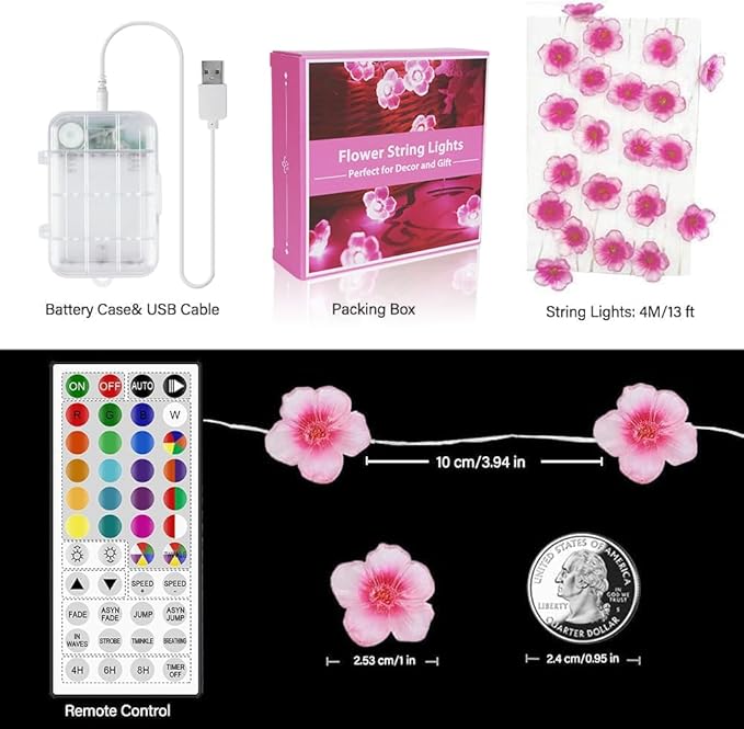 OMIKA Multicolor Flower Lights Cherry Blossom String Lights Battery Operated & USB Powered, 13ft 40LED Fairy Lights with Remote Timer Decorative Lights for Nursery Girls Bedroom Dorm Wedding Décor