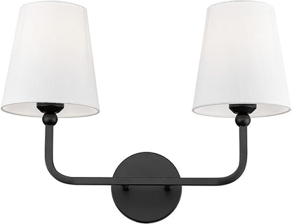 2-Light Bathroom Light Fixtures, Matte Black Vanity Lights, Double Wall Sconce with Flared White Fabric Shade, Modern Sconces Wall Lighting for Hallway Bedroom Stairway, VL837-MB-2-S
