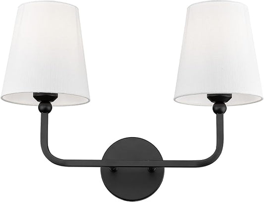 2-Light Bathroom Light Fixtures, Matte Black Vanity Lights, Double Wall Sconce with Flared White Fabric Shade, Modern Sconces Wall Lighting for Hallway Bedroom Stairway, VL837-MB-2-S