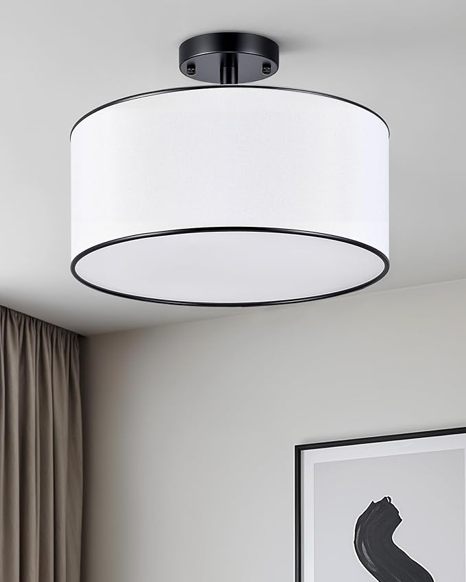 VONLUCE Semi-Flush Mount Ceiling Light, 15" Modern 3-Light Ceiling Light Fixture with White Drum Shade 3 E26 Sockets for Bedroom Entryway Living Room, Black Finish, ETL Certificated