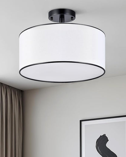 VONLUCE Semi-Flush Mount Ceiling Light, 15" Modern 3-Light Ceiling Light Fixture with White Drum Shade 3 E26 Sockets for Bedroom Entryway Living Room, Black Finish, ETL Certificated