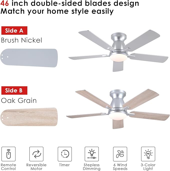 Mpayel 46 Inch Ceiling Fans with Lights and Remote, Silver Ceiling Fan with Light Flush Mount, Low Noise, Reversible, Dimmable, Modern Low Profile Ceiling Fan with Light for Bedroom Indoor Outdoor